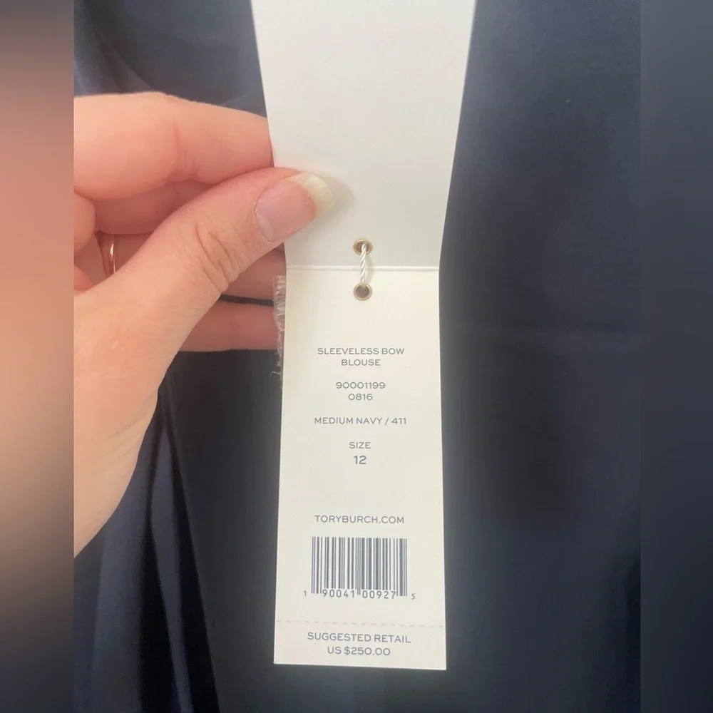 Tory Burch navy blue sleeveless bow blouse